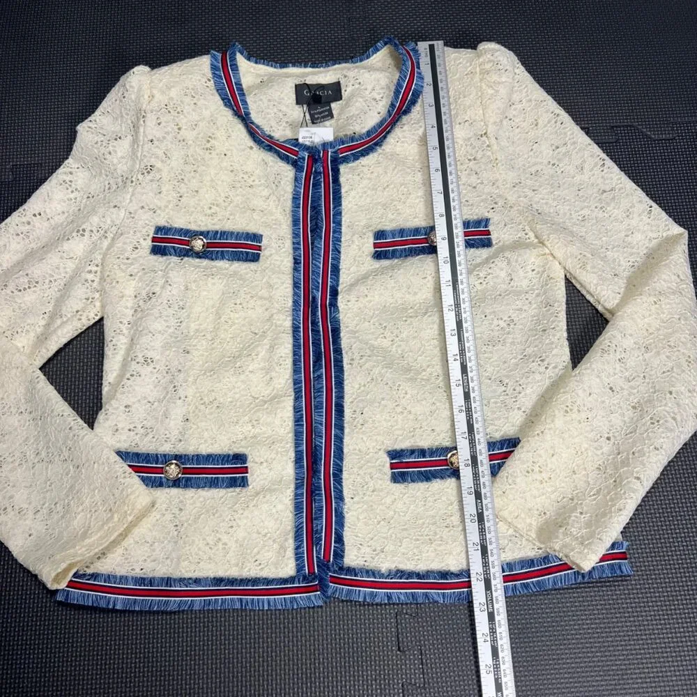 Gracia Womens Ivory Trim Lace Jacket L With Blue & Red Accent Trim - Picture 3 of 5